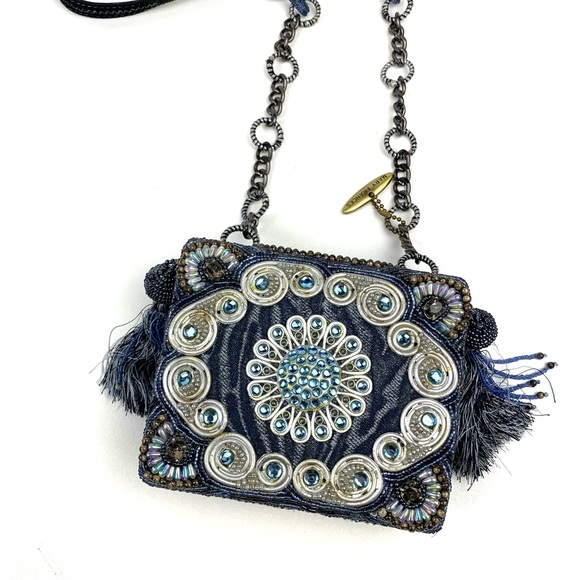 Mary Frances Bag Beaded mini evening purse blue tassel clutch art to wear - Picture 4 of 13